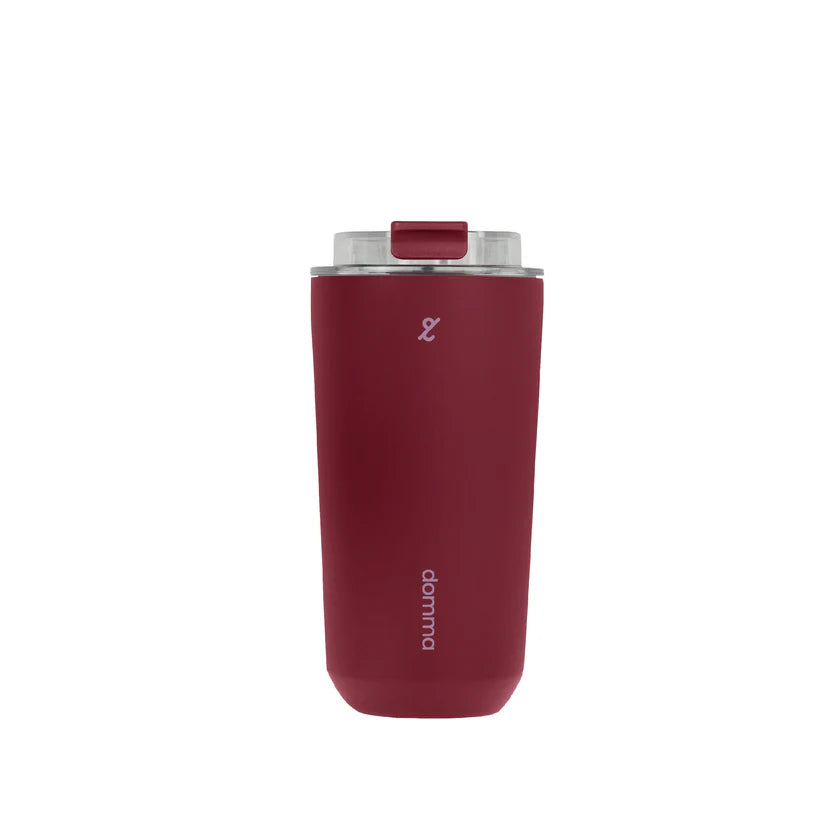 A red stainless steel insulated travel mug with a Domma brand logo on the front.
