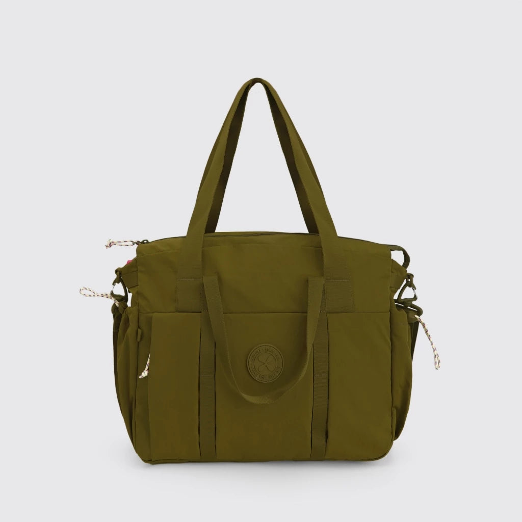 Olive travel bag by Exsport with multiple pockets and straps on a light gray background