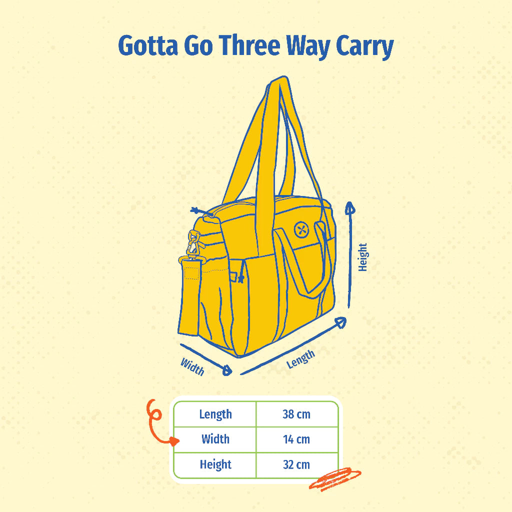 Gotta Go Three Way Carry bag by Exsport with dimensions labeled on a beige background
