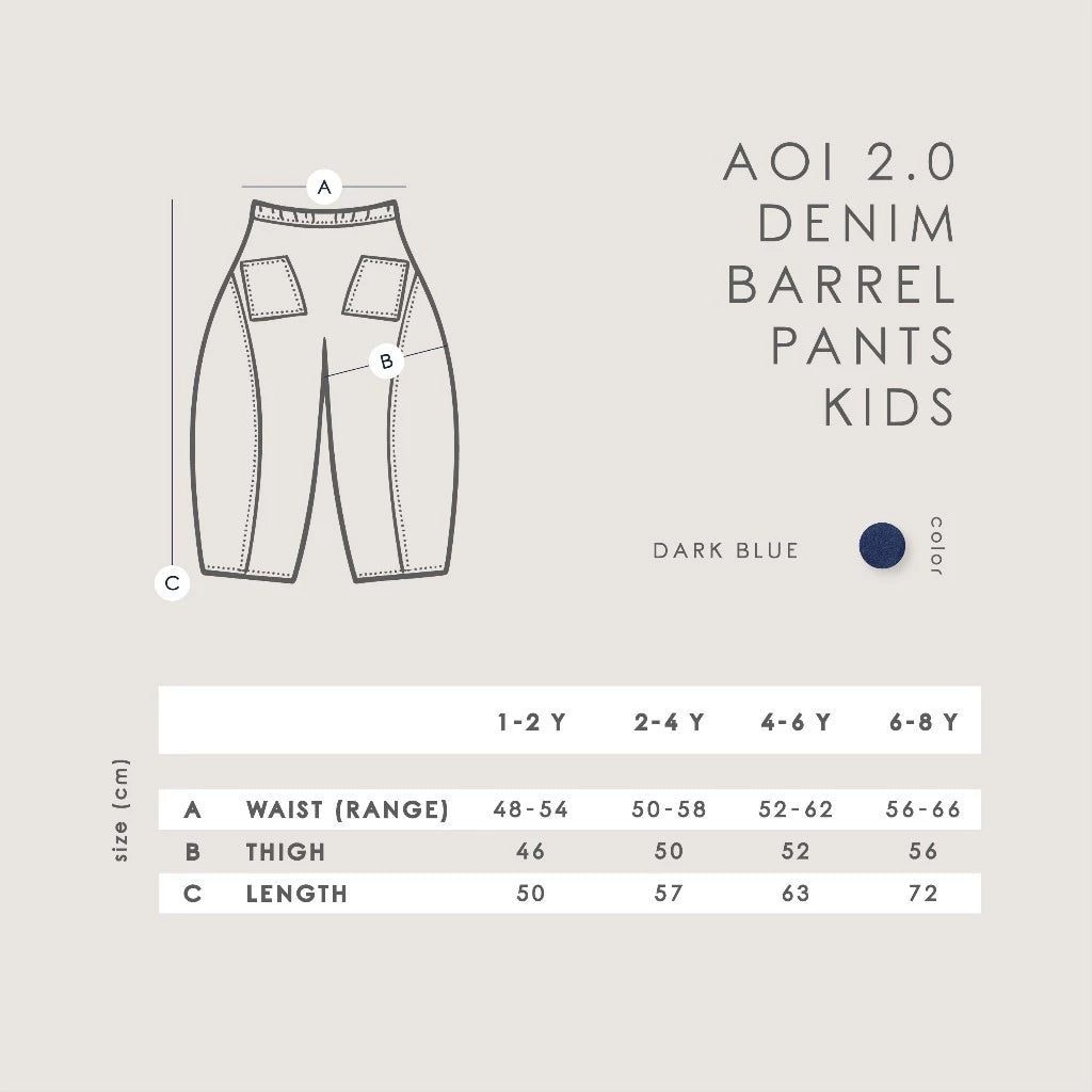 Denim barrel pants for kids with size chart on a light gray background