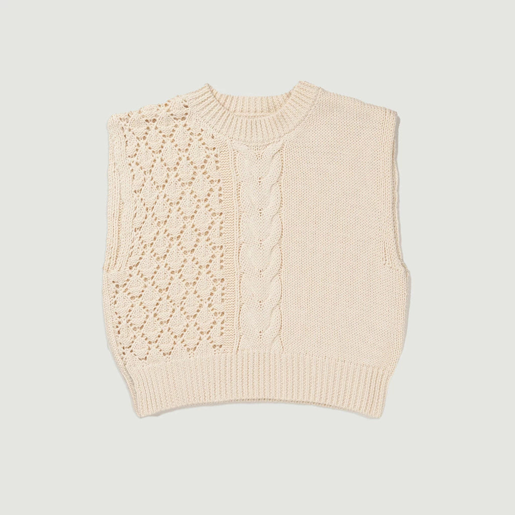 A closer look of beige knitted Gipsy Vest from Sabine & Heem