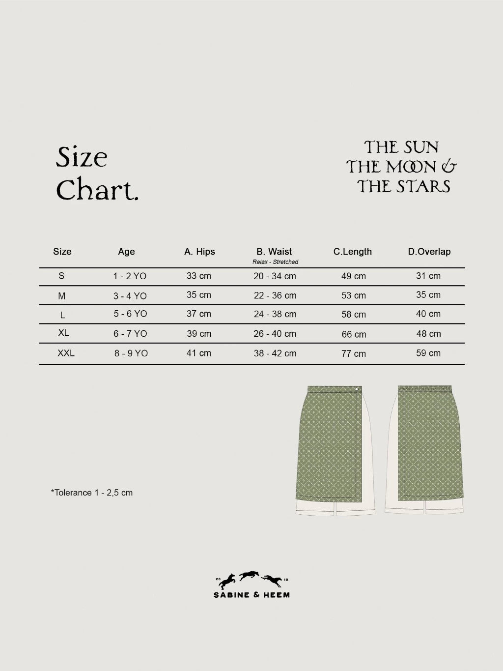 Size chart for children's pants with green saroong accents by Sabine & Heem kids clothing on a white background