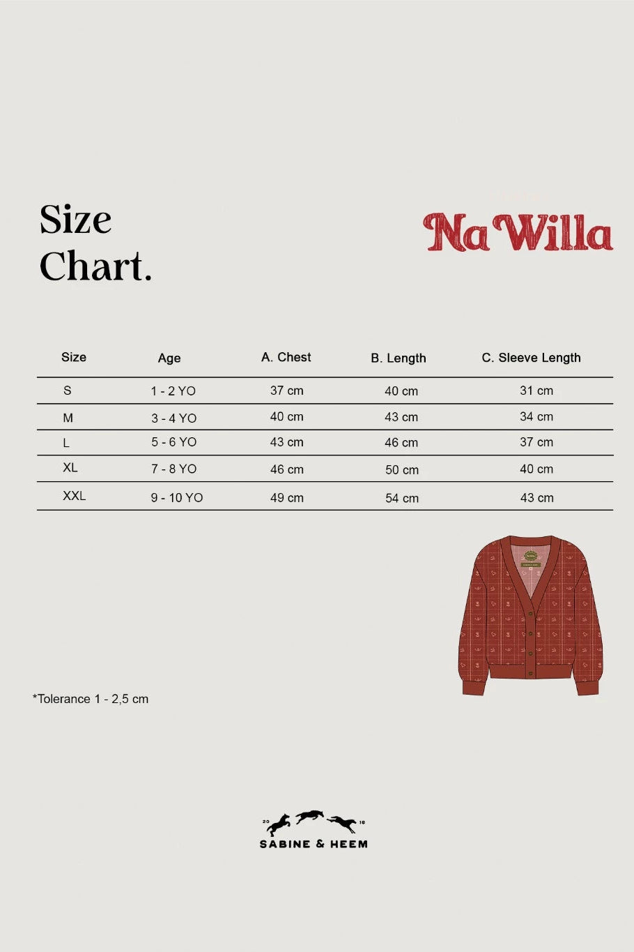 Size chart for children's Na Willa Cotton Knitted Cardigan with a red sweater illustration by Sabine & Heem kids clothing.