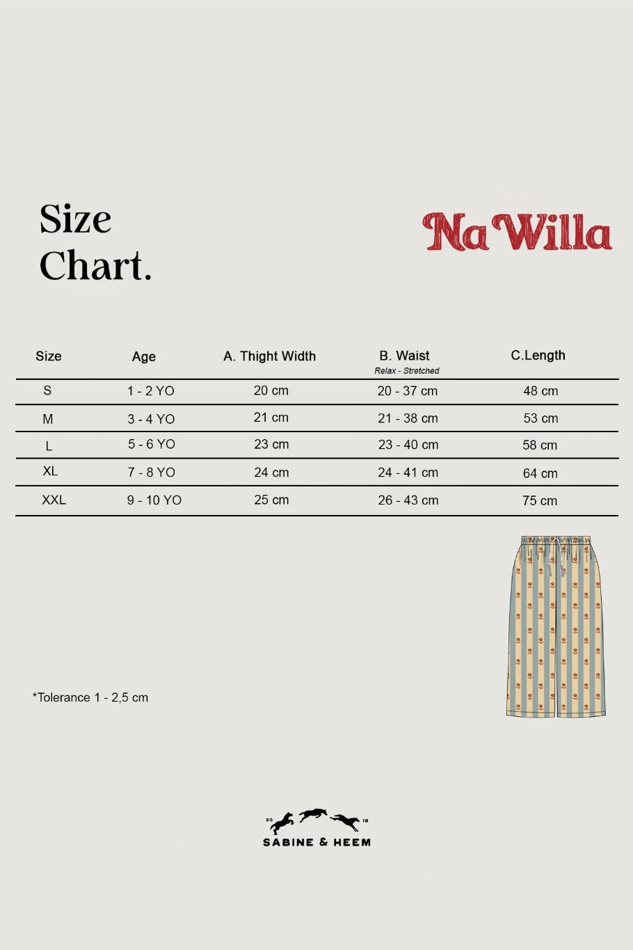 Size chart for children's cotton knitted pants with by Sabine & Heem kids clothing on a white background.