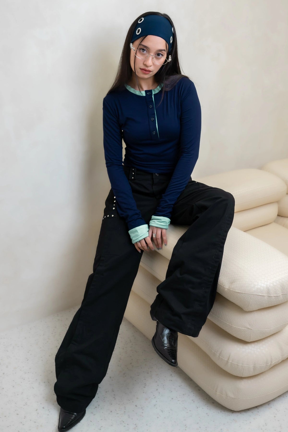 Two Tone Longsleeve Top Deep Navy - Catha