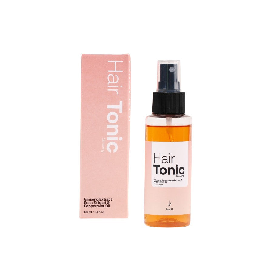 Blishful Hair Tonic 100ml – enriched with Ginseng Extract, Rosa Extract, and Peppermint Oil. Helps reduce hair loss, stimulate hair growth, and soothe the scalp. Comes in a spray bottle with pink packaging.