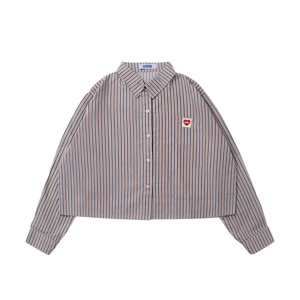Brown striped shirt with a small red logo  by notyourcompany on a white background