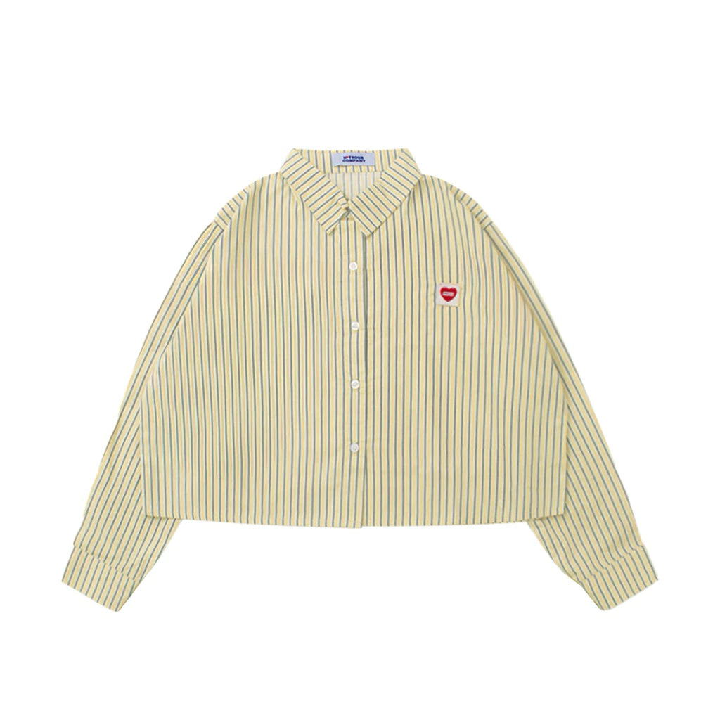 Yellow striped shirt with a small red heart logo by notyourcompany on a white background