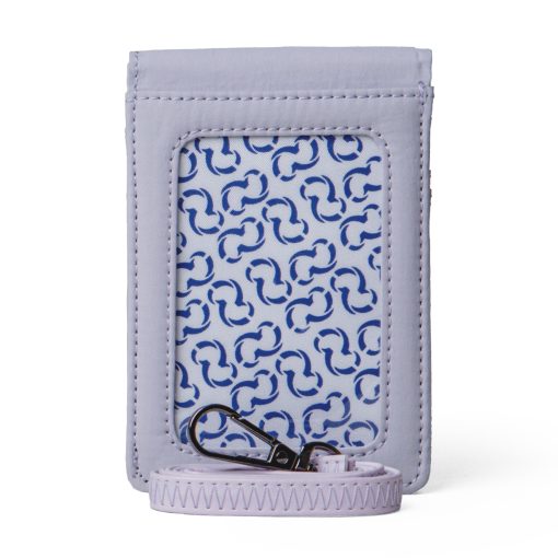 Lilac card wallet with a patterned flap and matching strap by Wallts on a white background