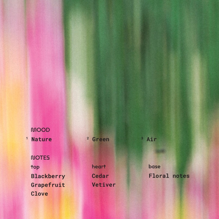 Abstract background with vertical brush-like streaks in green, pink, and yellow hues, evoking a natural garden feel. The image represents Home Garden by Alchemist Fragrance, capturing moods of “Nature”, “Green”, and “Air”. Top notes include blackberry, grapefruit, and clove; heart notes are cedar and vetiver; base notes feature soft floral accords. A scent inspired by freshness and the outdoors.