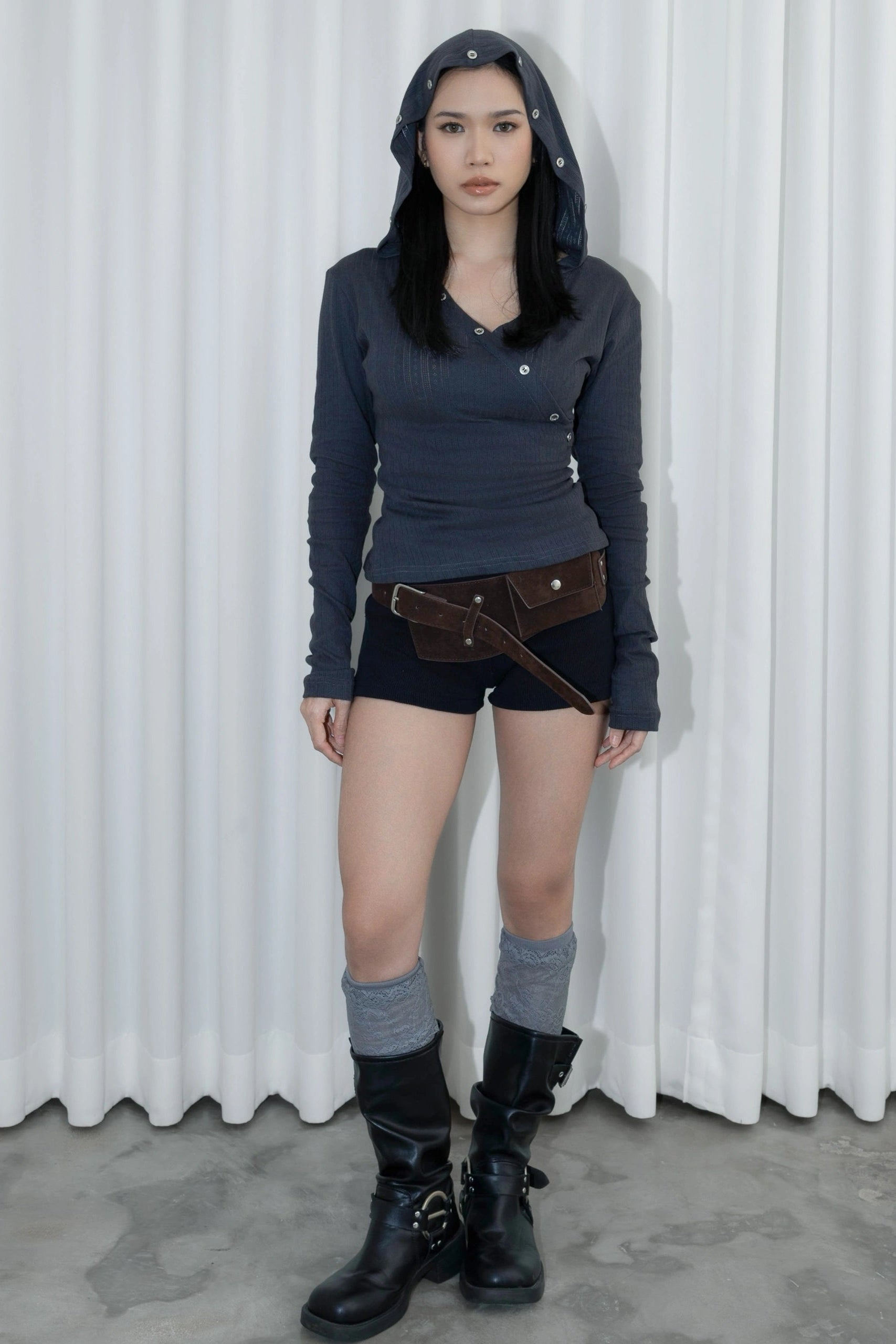 Buttons Hoodie Top Charcoal - Catha