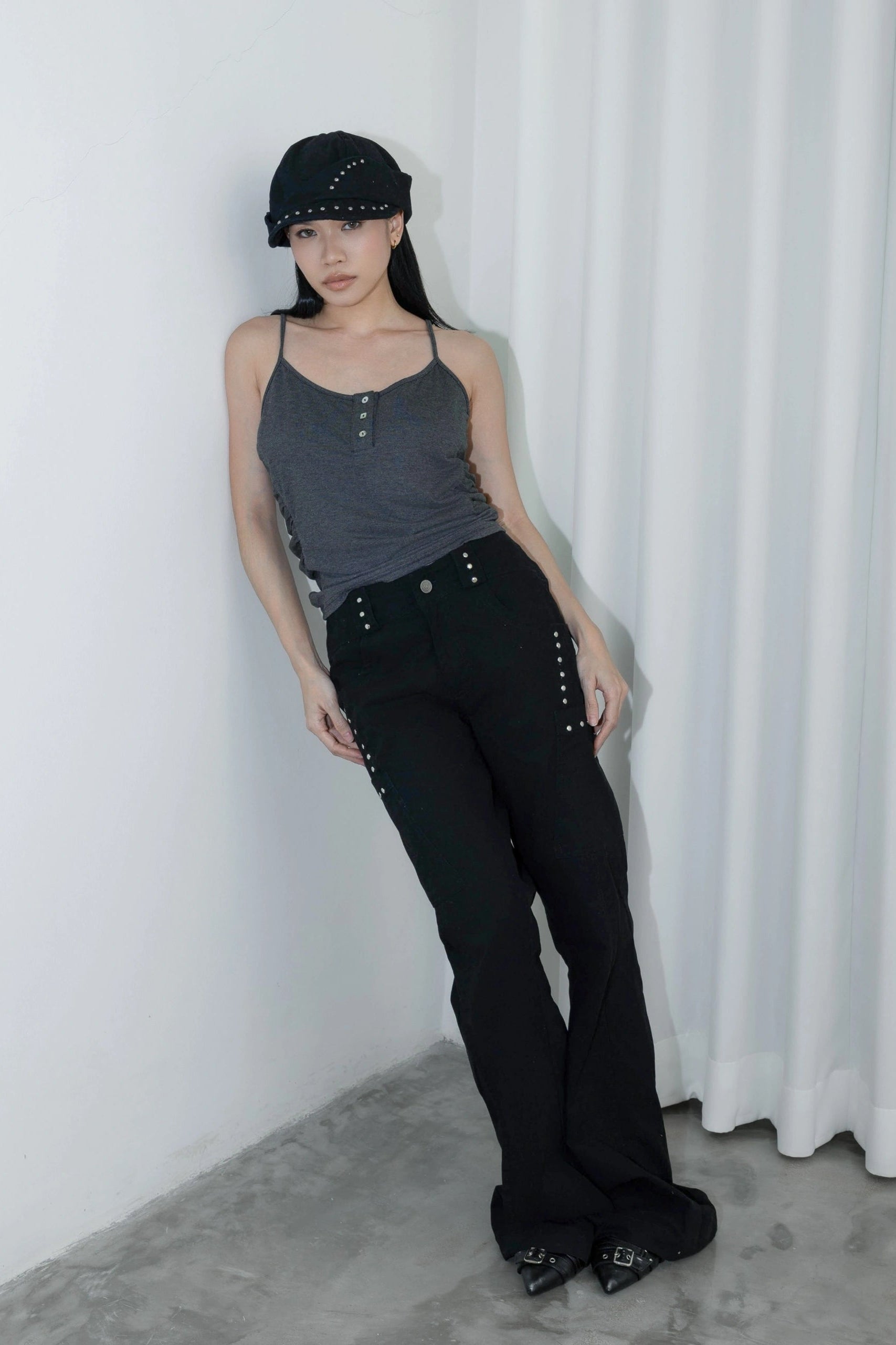 Stud Straight Long Pants Black - Catha