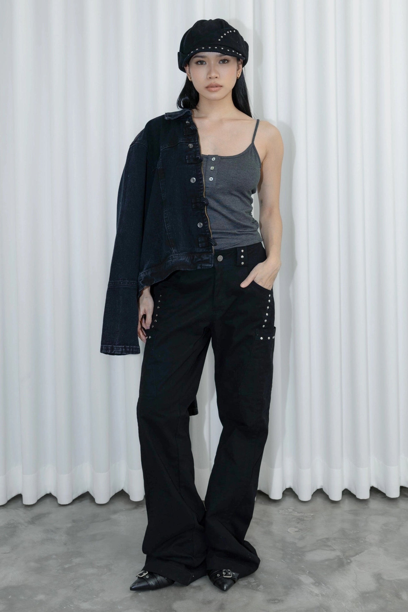 Stud Straight Long Pants Black - Catha