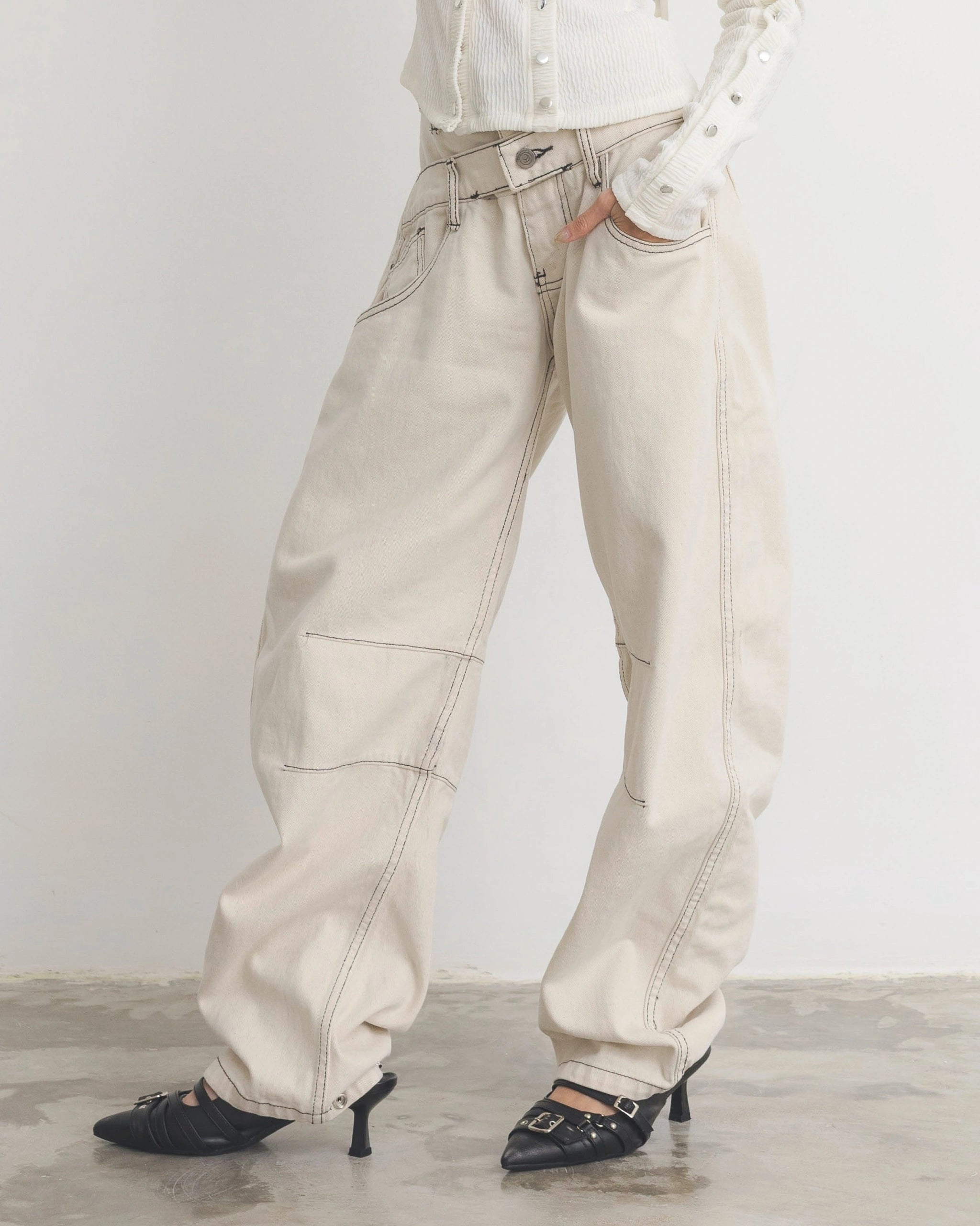Overstitched Double Waist Jeans - Catha