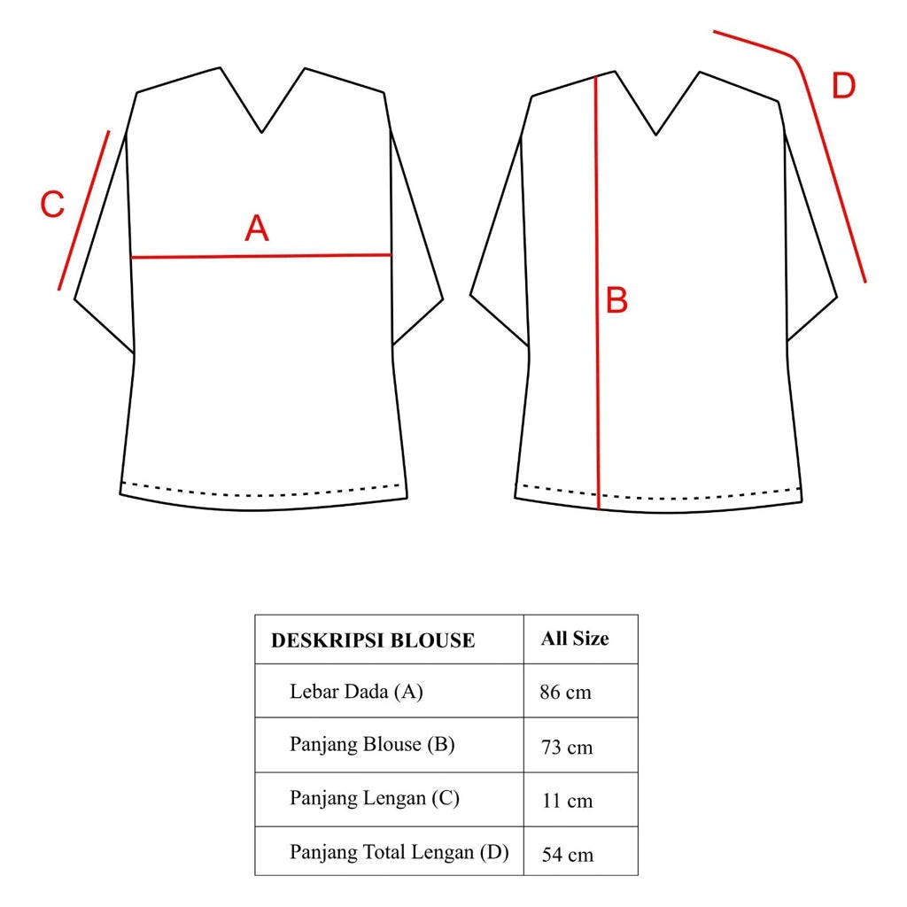Measurement chart for Jalin Blouse Sashiko Navy from Damakara with labeled dimensions on a white background