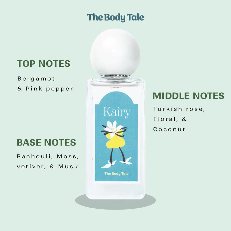 Kairy Extrait De Parfum by The Body Tale – refreshing perfume with bergamot, floral, coconut, and musk base.