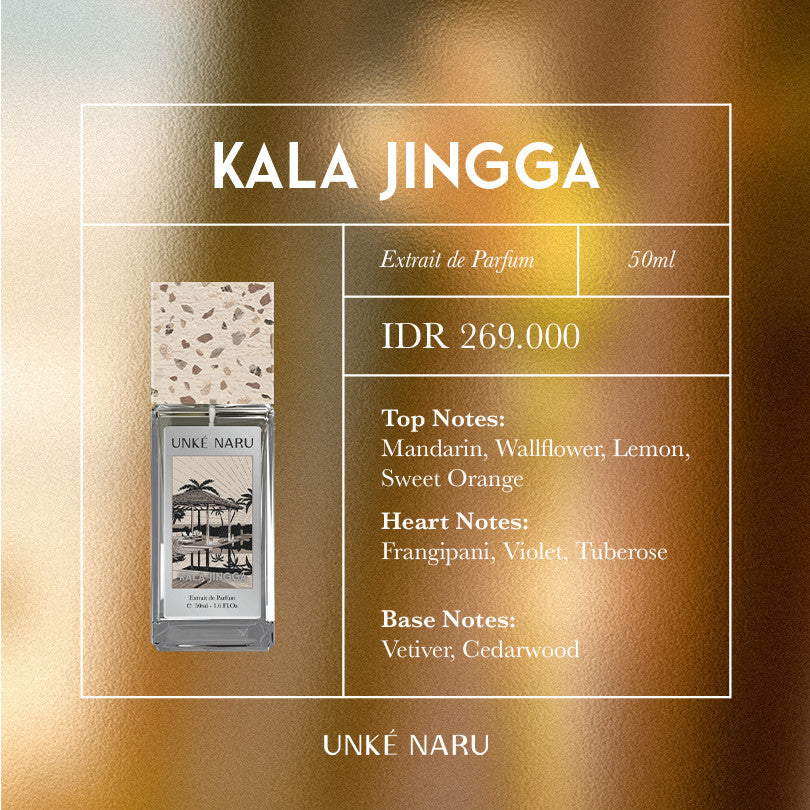 Kala Jingga by UNKÉ NARU – 50ml extrait de parfum with citrus, floral, and woody notes. Features mandarin, frangipani, and vetiver. Priced at IDR 269,000. Comes in a bottle with terrazzo cap and tropical label design.