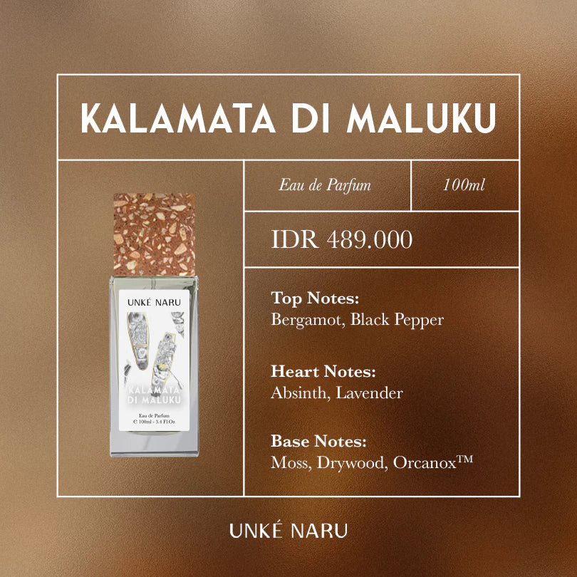 Unke Naru Kalamata di Maluku perfume bottle with product details on a brown background