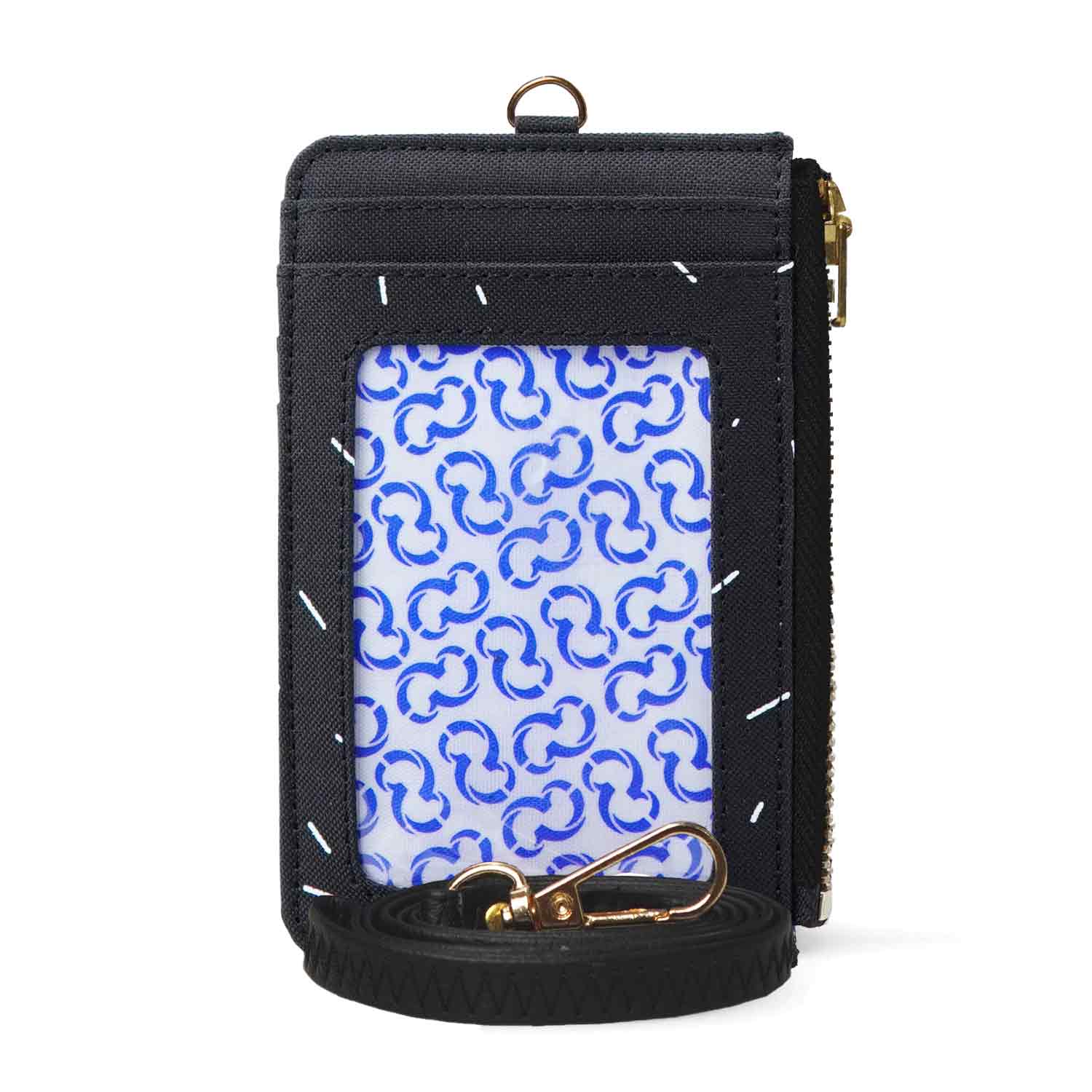 Black wallet with blue patterned card holder by Wallts on a white background