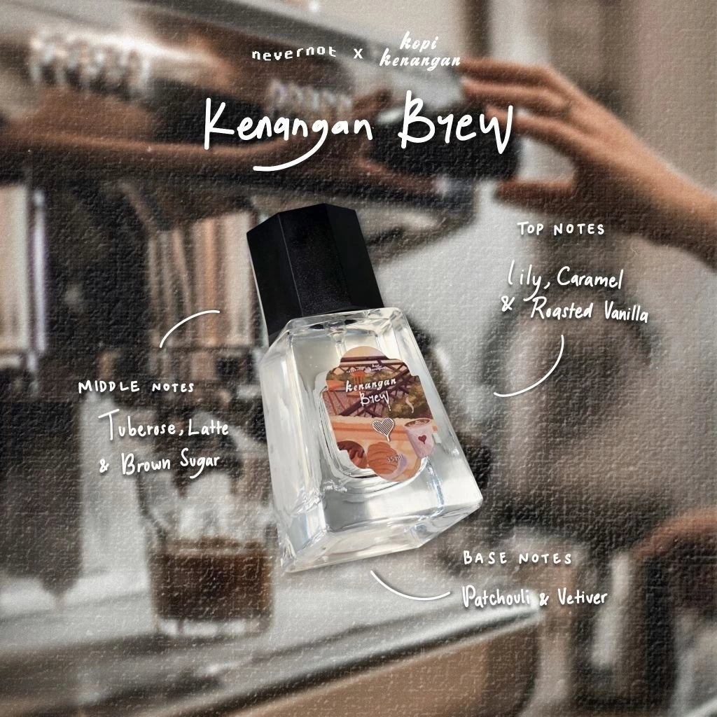 Perfume bottle labeled 'Kenangan Brew' with its scent notes.