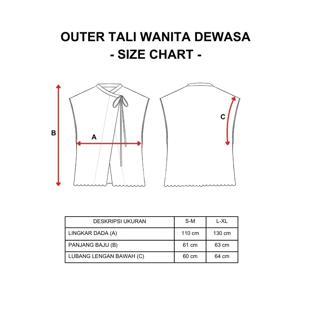 Size chart for women's Kusuma Top Outer by Damakara with measurements labeled on a white background