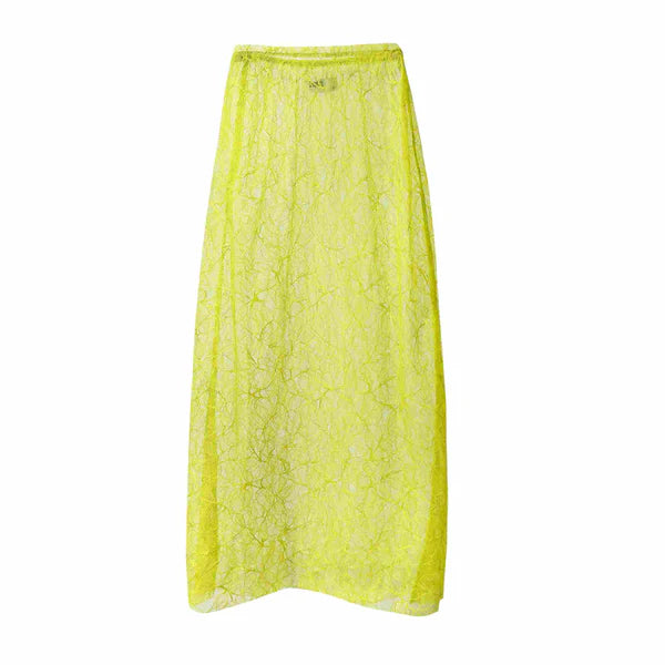 Bright neon yellow lace maxi skirt with a sheer overlay and elastic waistband from Omo.