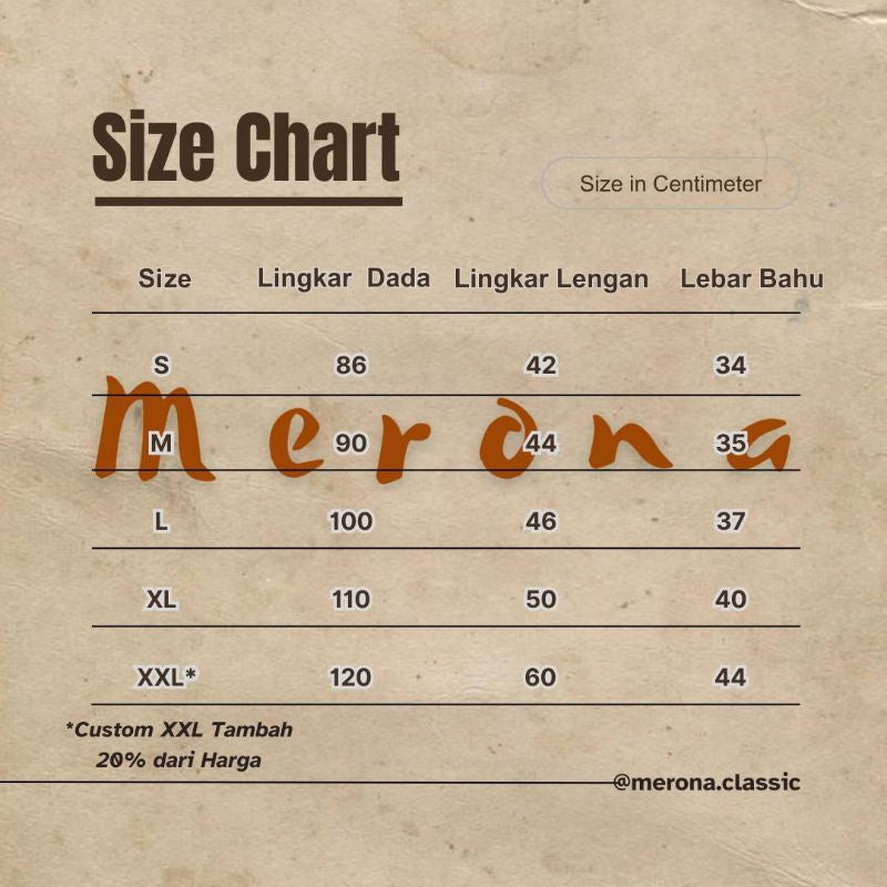 A size chart graphic with a beige parchment-style background, showing a size table in centimeters with columns labeled Size, Lingkar Dada, Lingkar Lengan, and Lebar Bahu.