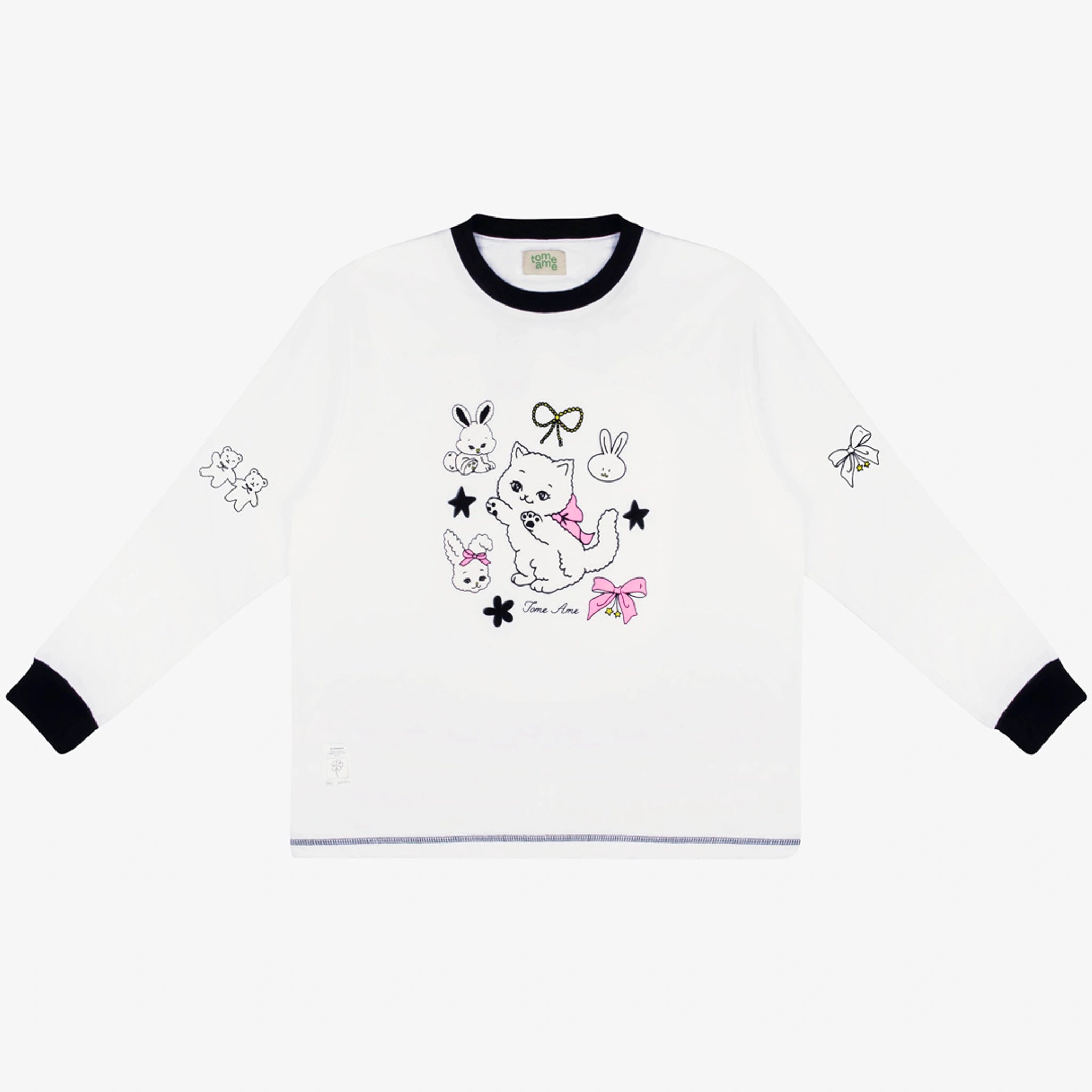 Tome Ame white longsleeve t-shirt with black and pink designs on a white background