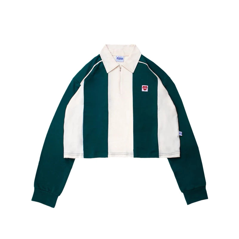 Green and beige striped shirt with a small heart logo patch by notyourcompany on a white background