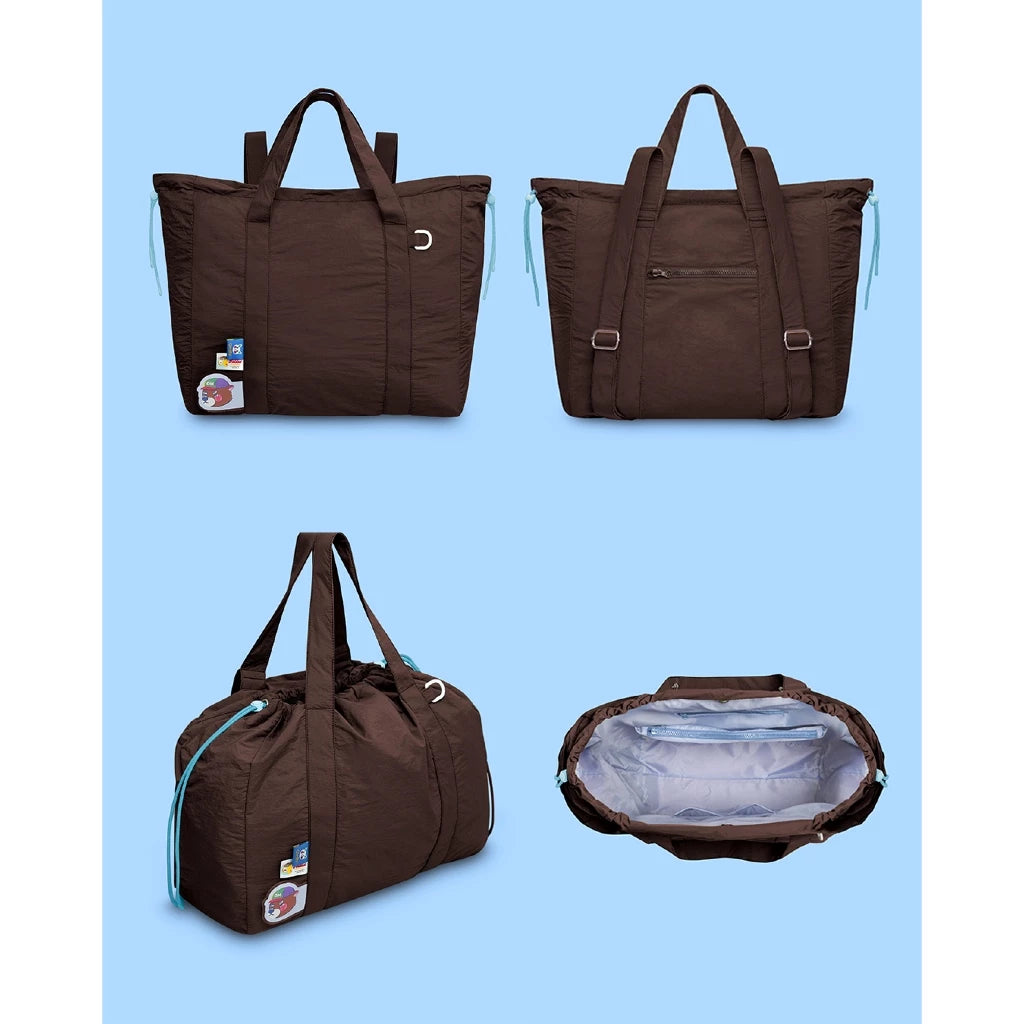 Brown bags by Oh.Irv shown from different angles on a blue background