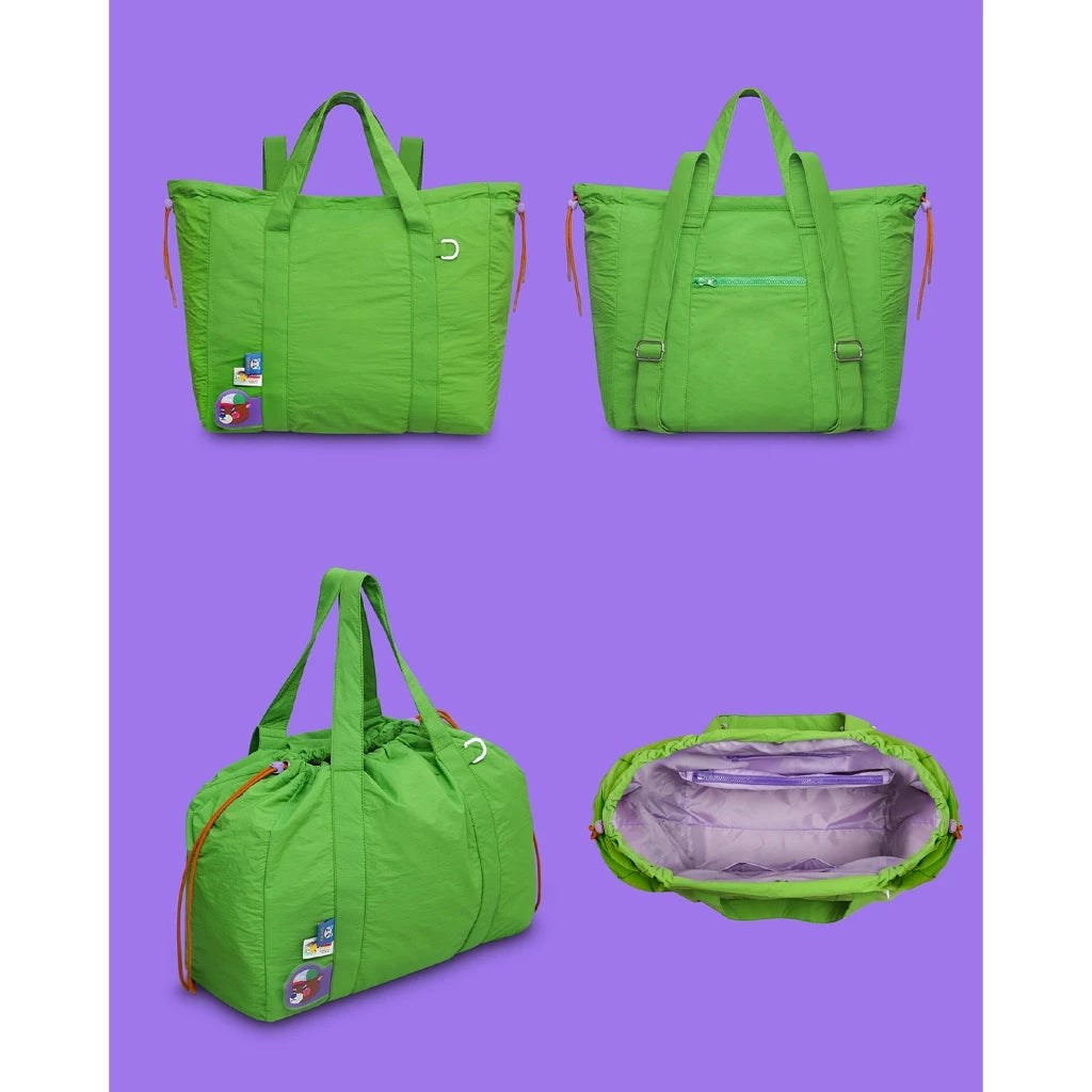 Green bag by Oh.Irv shown from multiple angles on a purple background