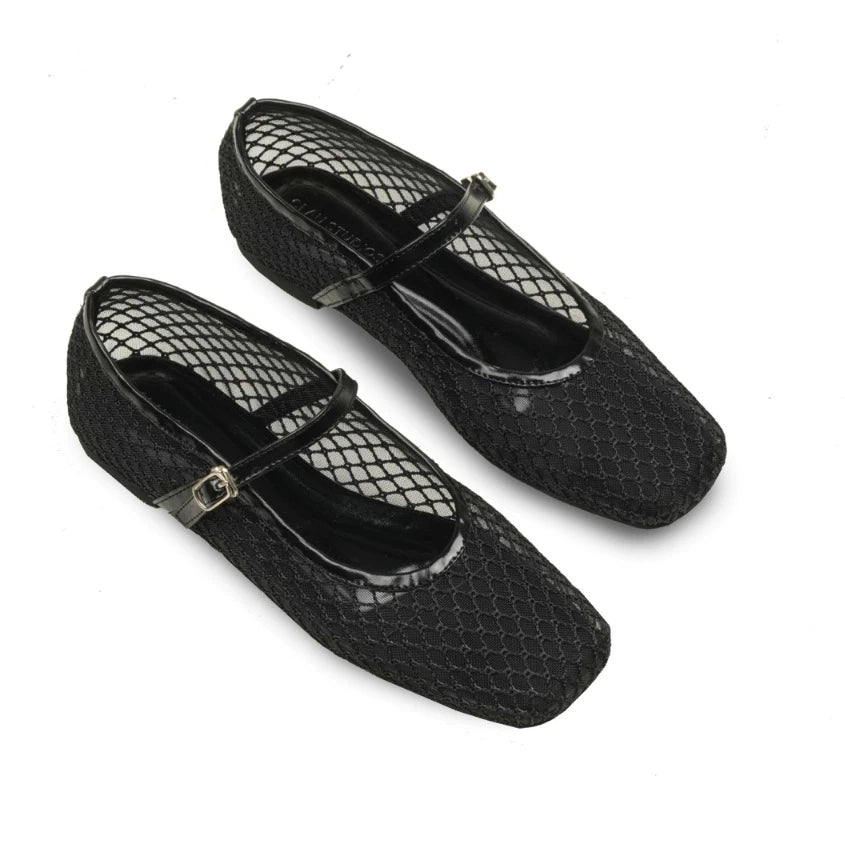 Black mesh flatshoes with a strap on a white background