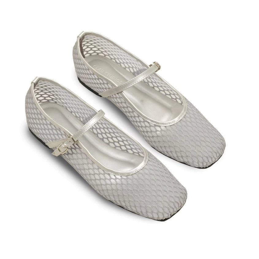 Pair of grey mesh ballet flatshoes on a white background