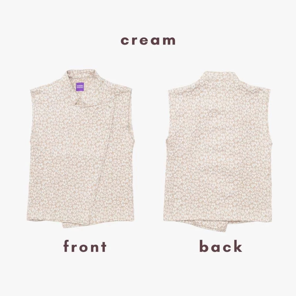 Cream-colored sleeveless vest by Tuff Puff shown from front and back on a white background