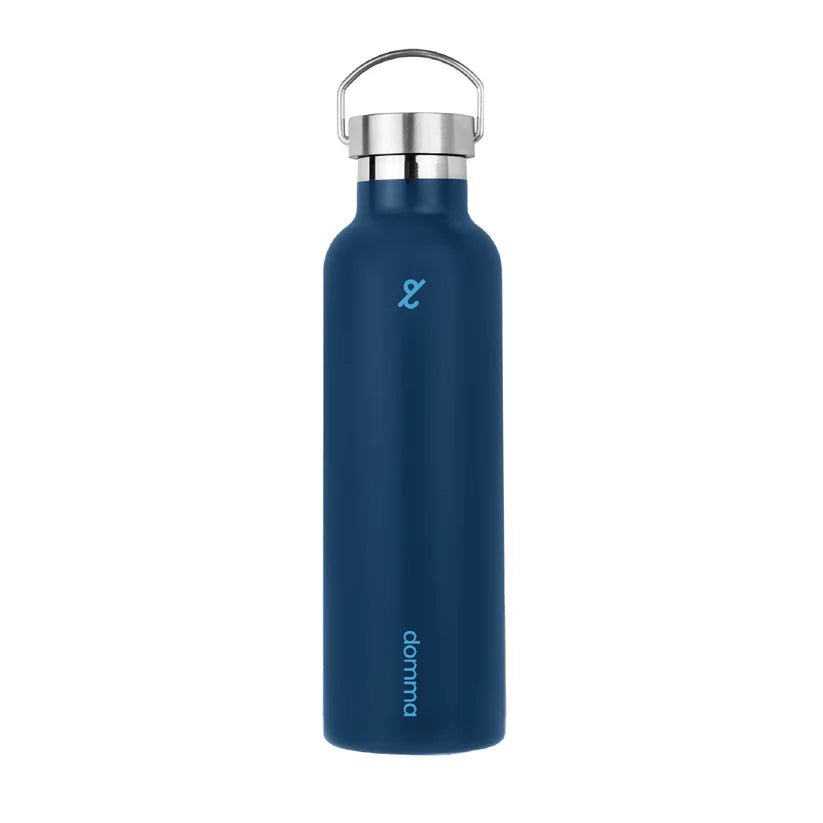 Dark blue metal handle tumbler with domma branding on a white background