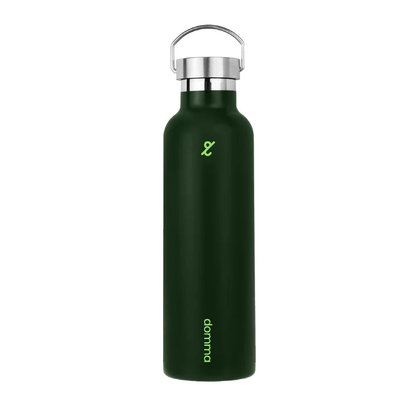 Dark green metal handle tumbler with domma branding on a white background