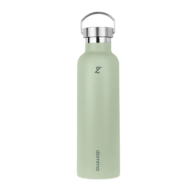 Sage green metal handle tumbler with domma branding on a white background