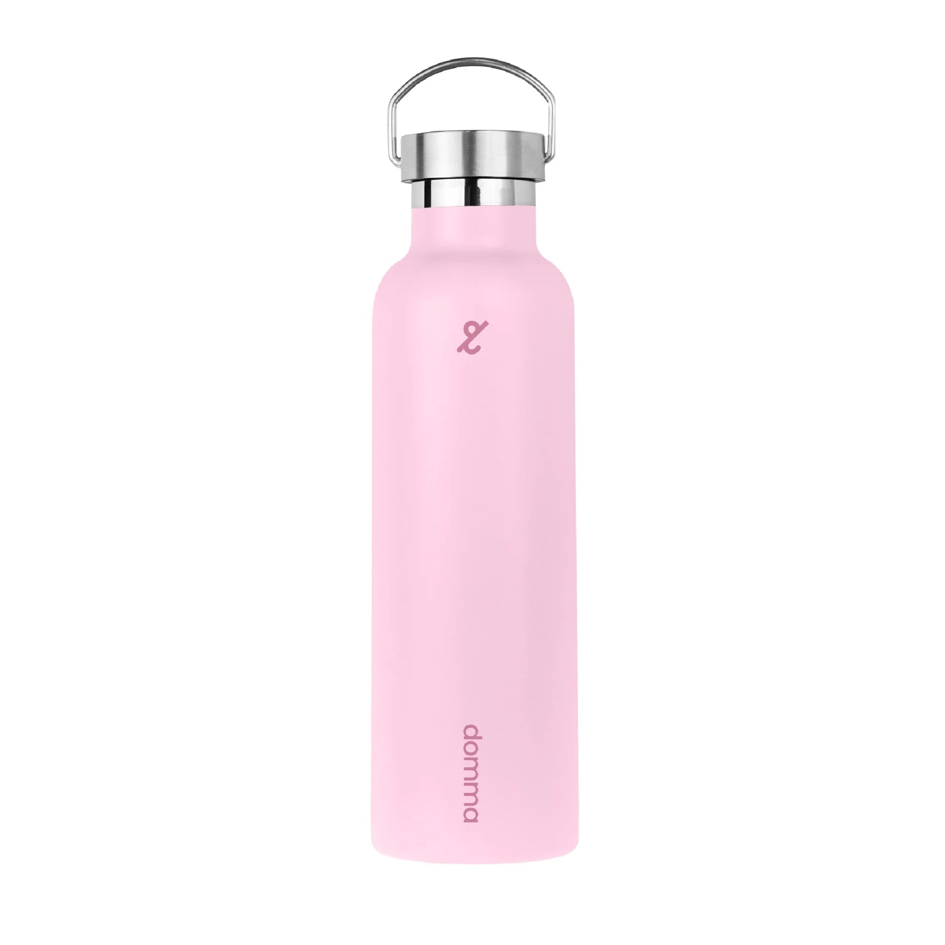 Pink metal handle tumbler with domma branding on a white background