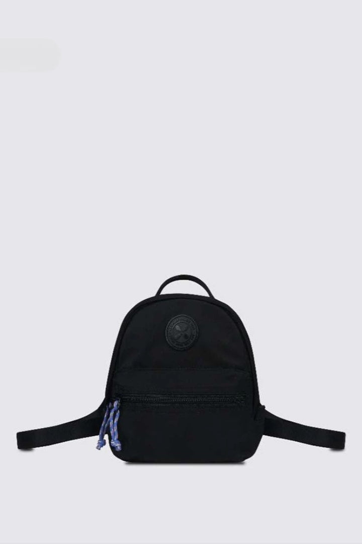 Black mini backpack by Exsport Bags on a light gray background