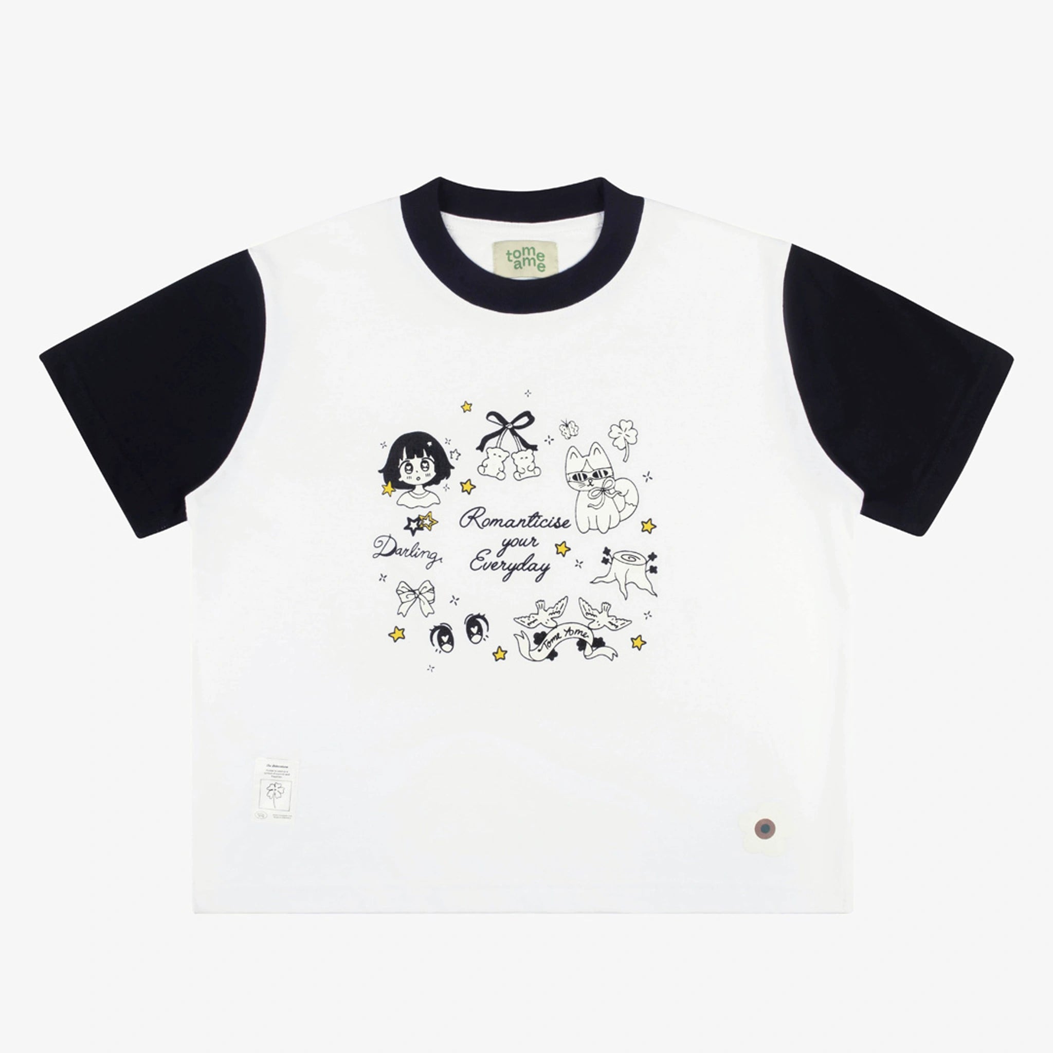 Tome Ame white cropped t-shirt with black sleeves featuring cartoon characters and text on a white background