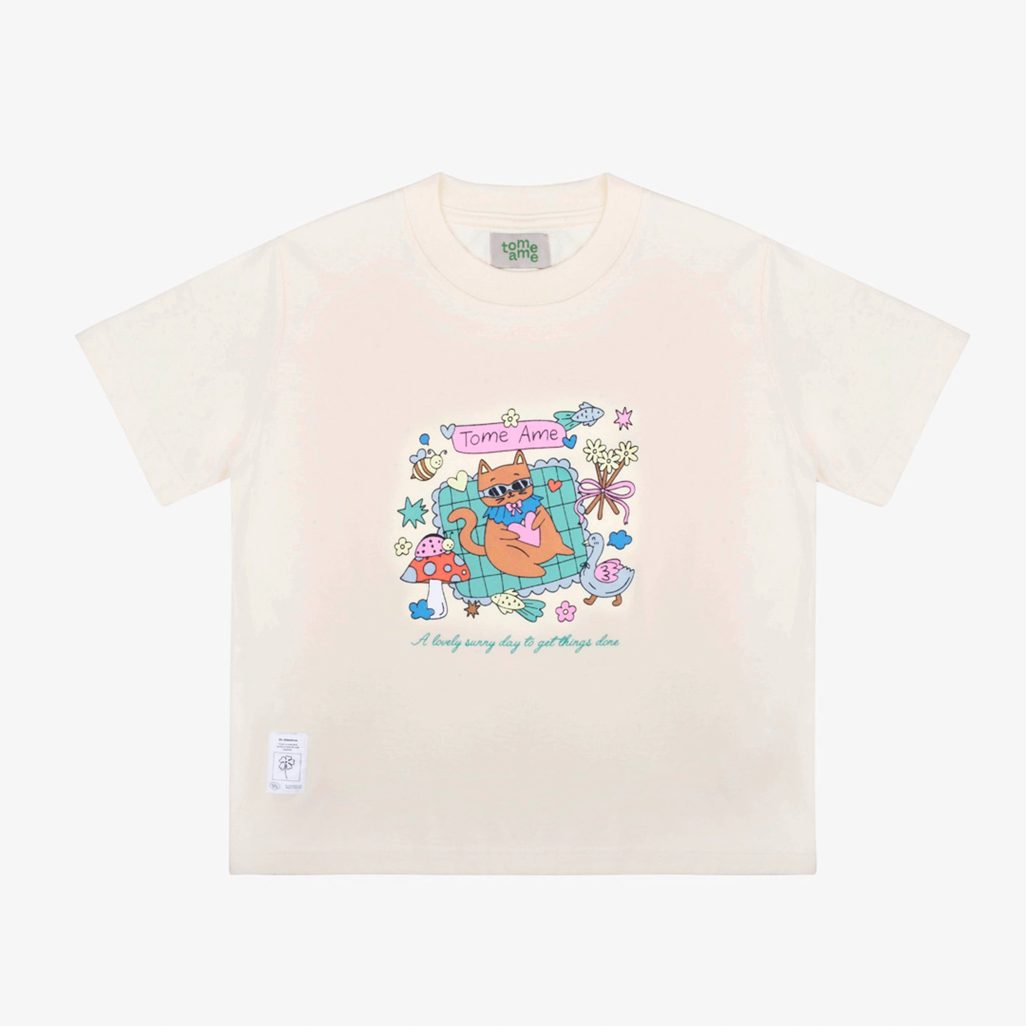 Tome Ame beige t-shirt with a colorful graphic design on a white background