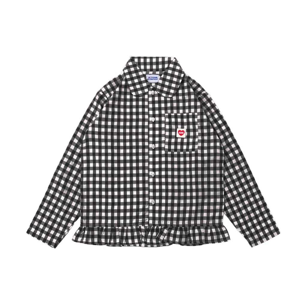 Black and white checkered shirt with a red heart logo patch by notyourcompany on a white background