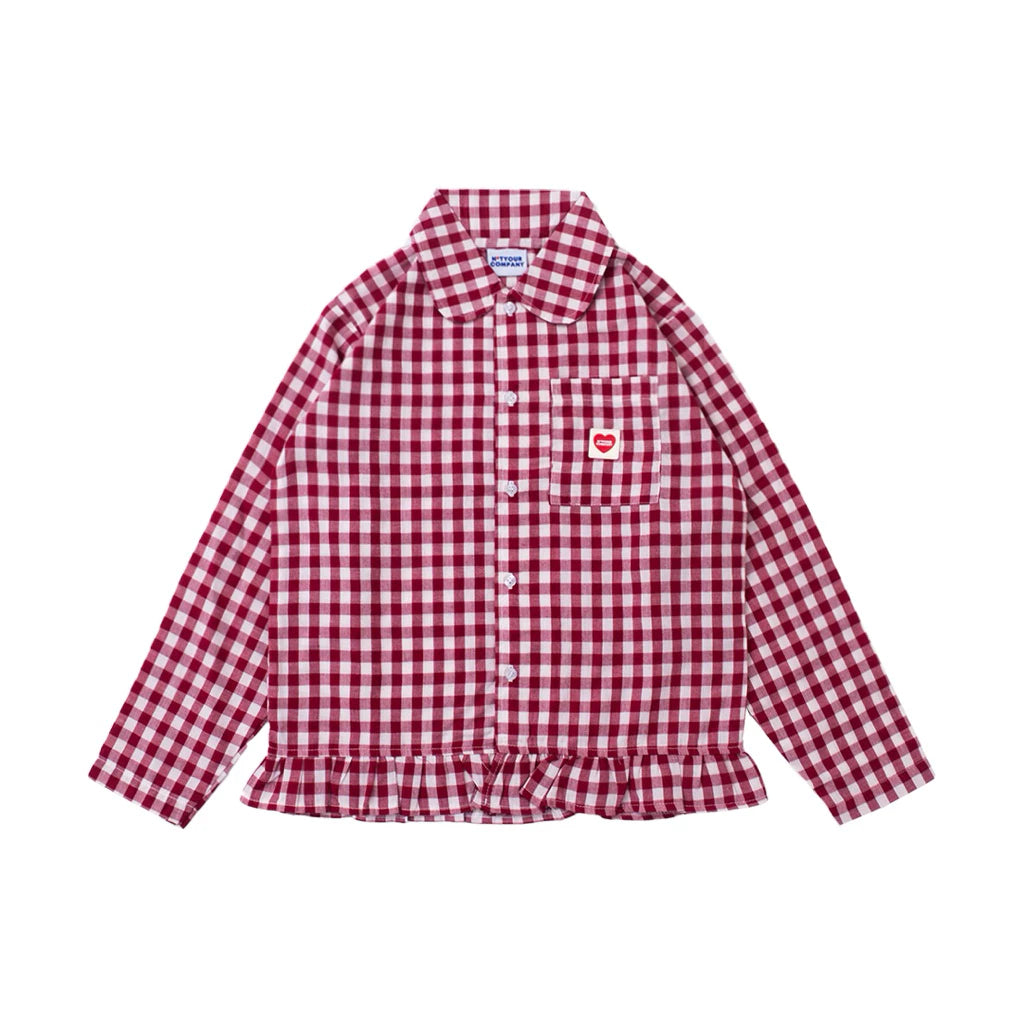 Red and white checkered shirt with a heart logo patch by notyourcompany on a white background