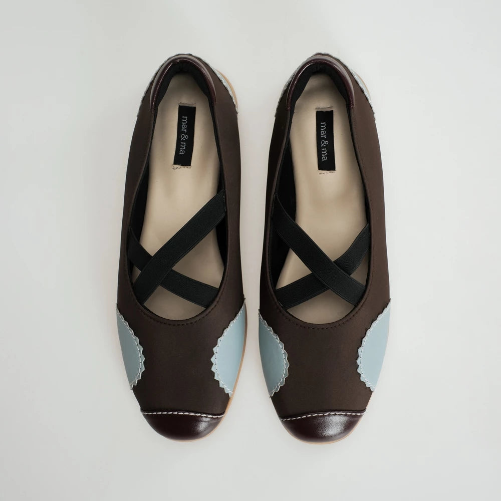 Pair of brown flat shoes with blue accents on a white background