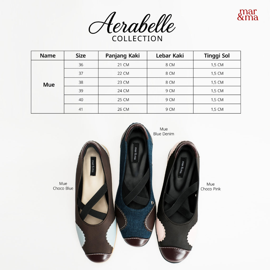 Aerabelle Collection shoes with size chart and product names on a white background