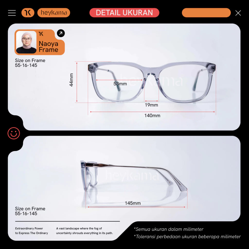 Naoya eyeglass by Heykama with measurements on a white background
