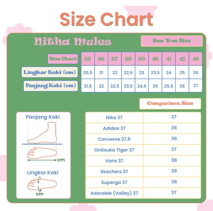 Size chart for Nitha Mules by Adorable Projects with measurements and comparison to other shoe brands.