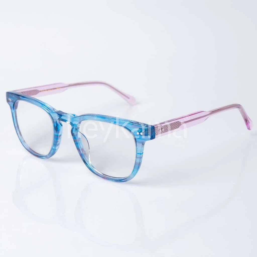 Blue and pink eyeglasses from Heykama on a white background