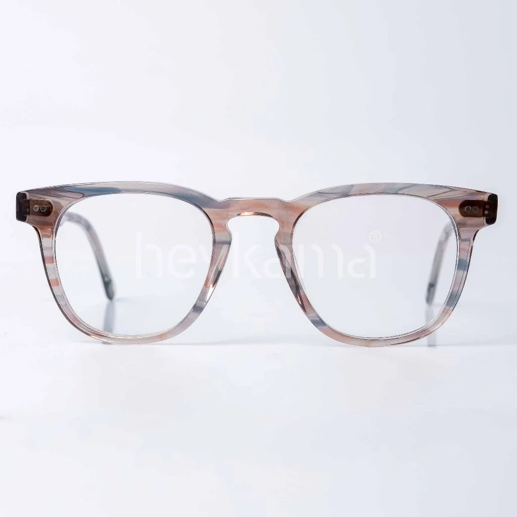Eyeglasses with a brown and gray frame from Heykama on a white background
