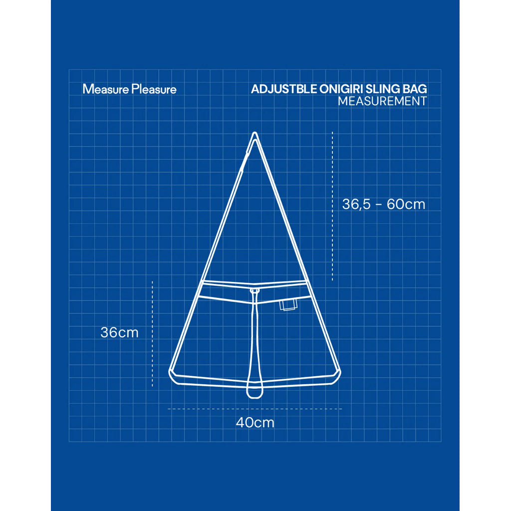 Blueprint-style diagram of an adjustable onigiri sling bag by Measure Pleasure with measurements on a blue grid background.